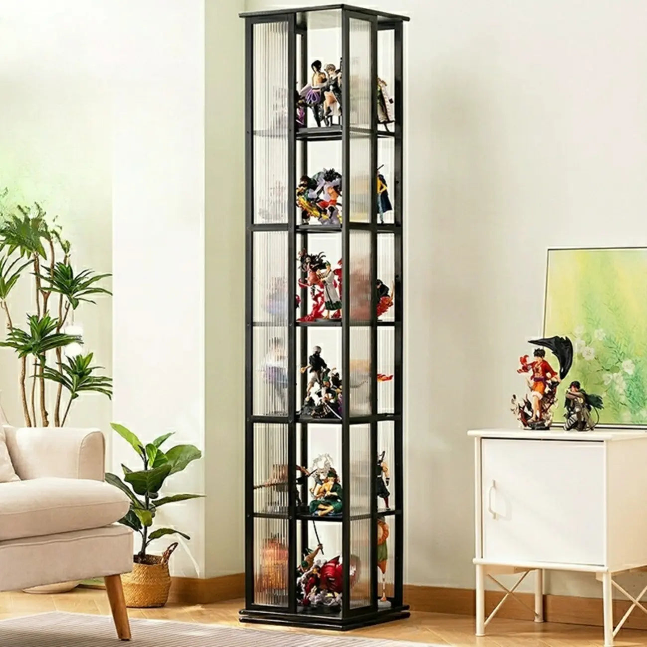 Vitrine ouverte haute et étroite en bambou noir moderne