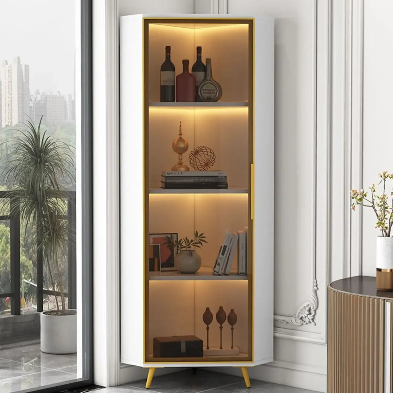 Vitrine moderne glamour en bois blanc et or avec verre