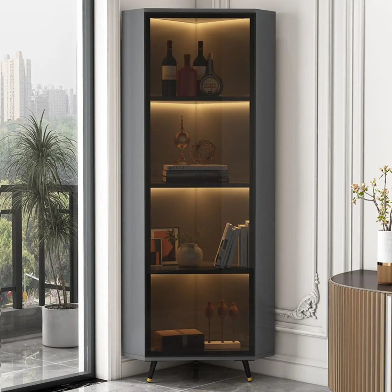 Vitrine moderne glamour en bois blanc et or avec verre