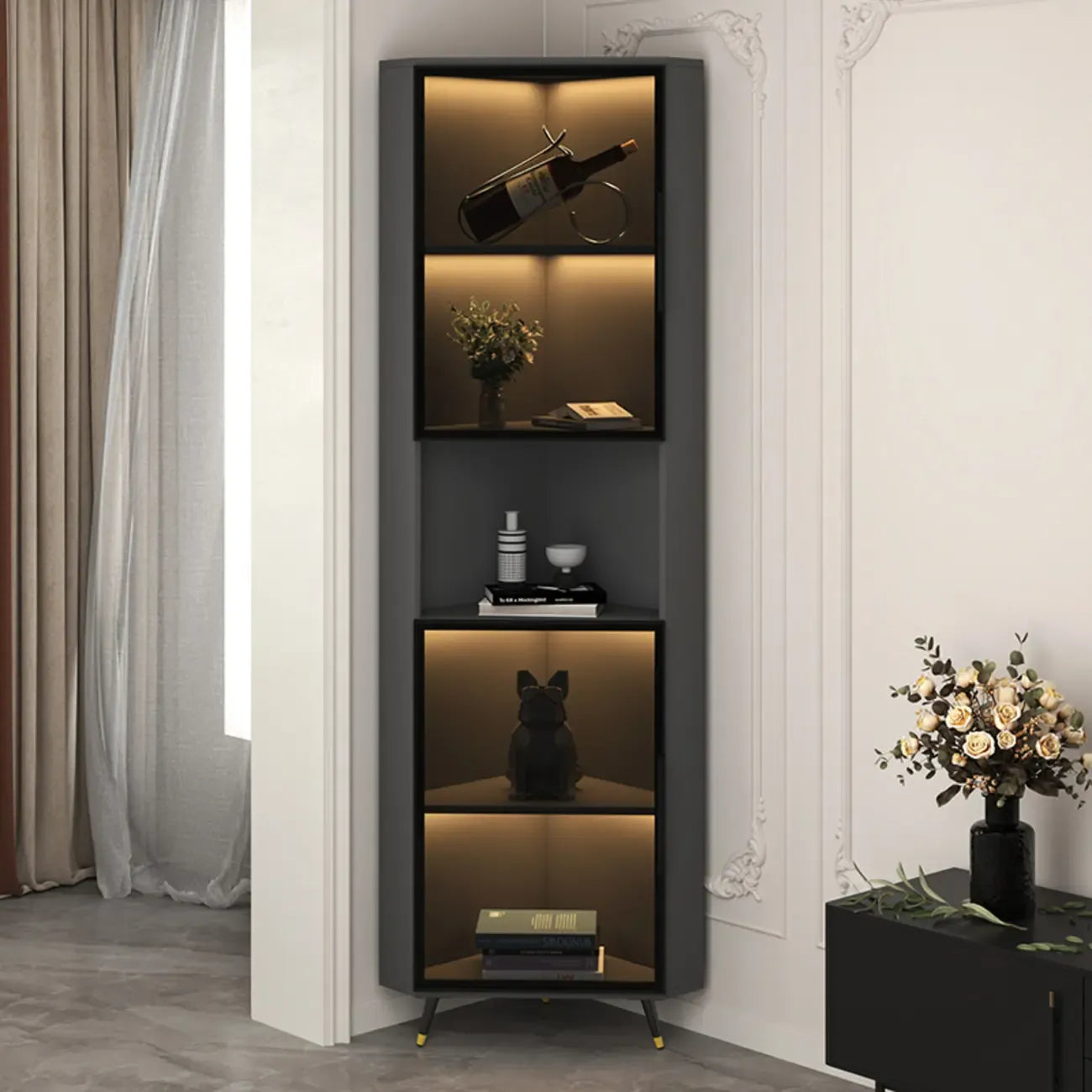 Vitrine moderne glamour en bois blanc et or avec verre
