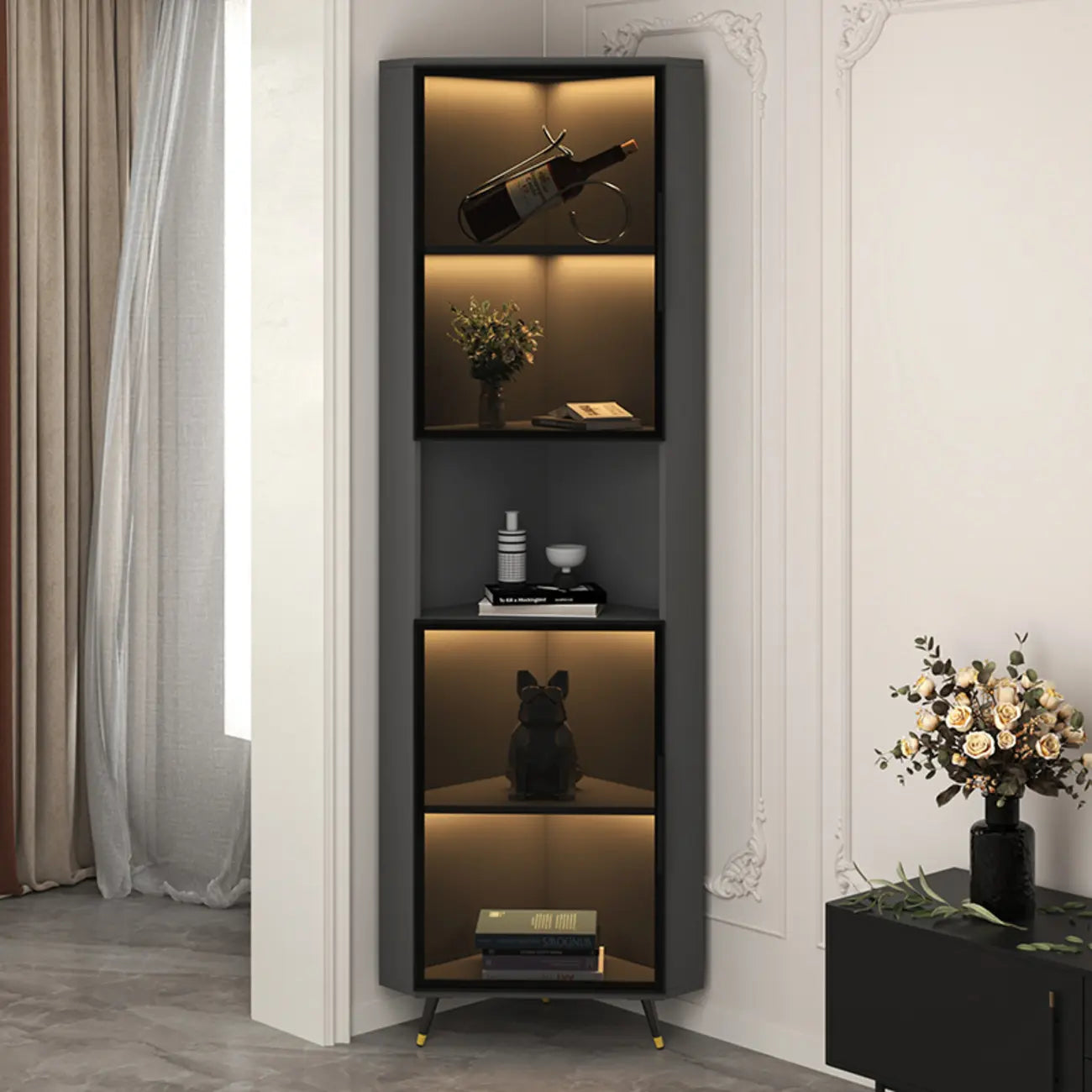 Vitrine moderne glamour en bois blanc et or avec verre