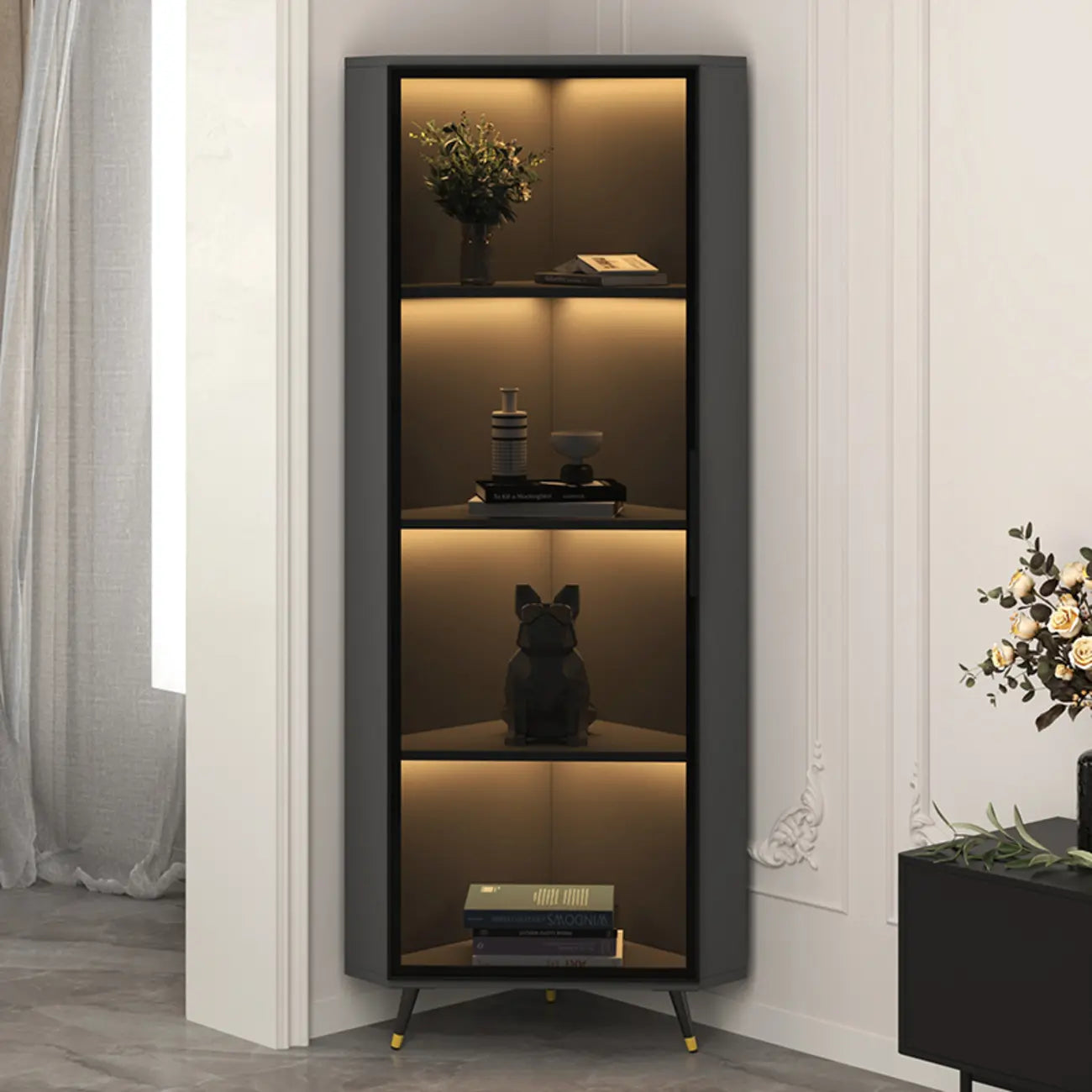 Vitrine moderne glamour en bois blanc et or avec verre