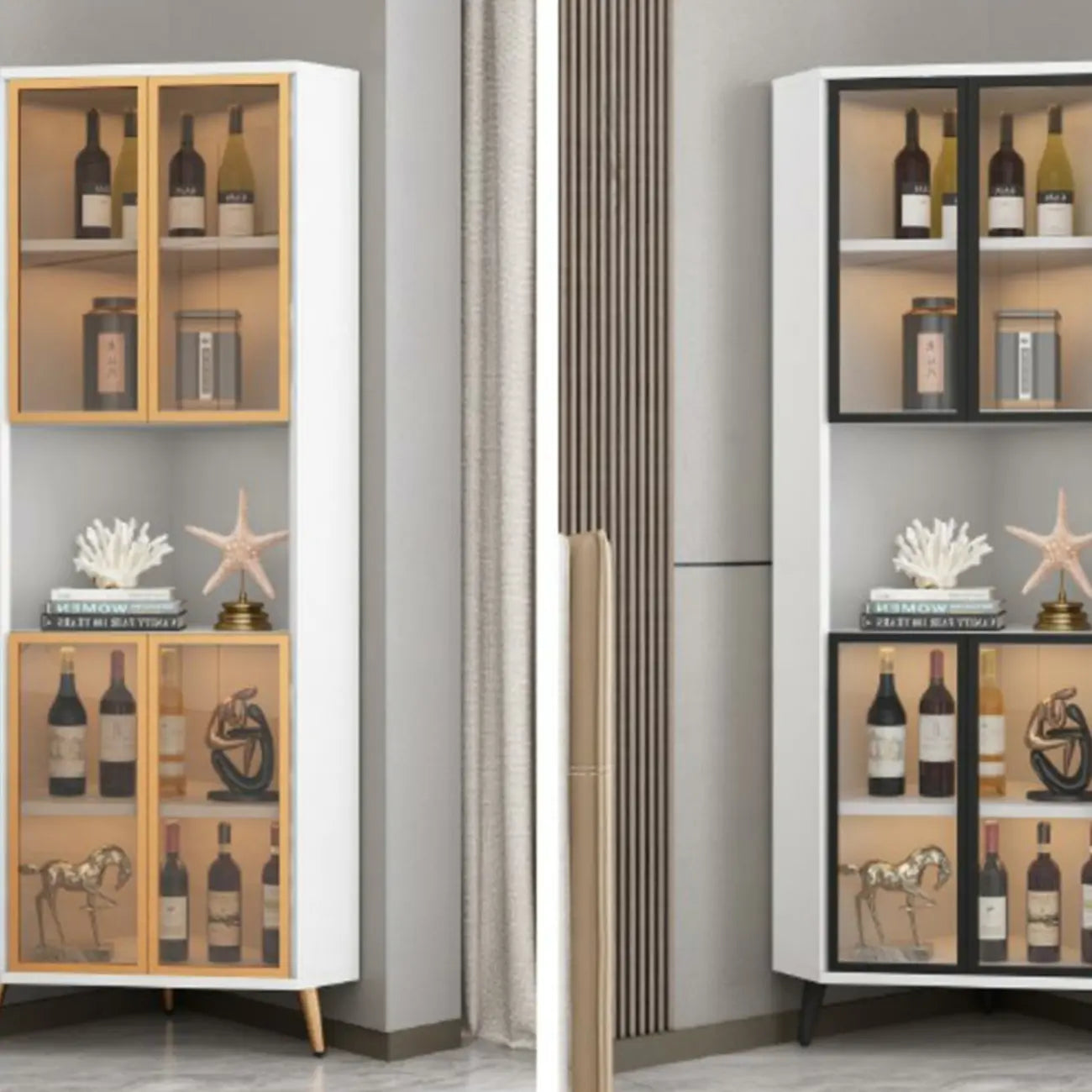 Vitrine moderne glamour en bois blanc et or avec verre