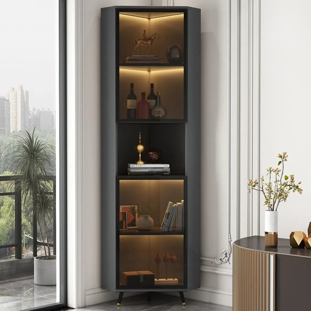 Vitrine moderne glamour en bois blanc et or avec verre