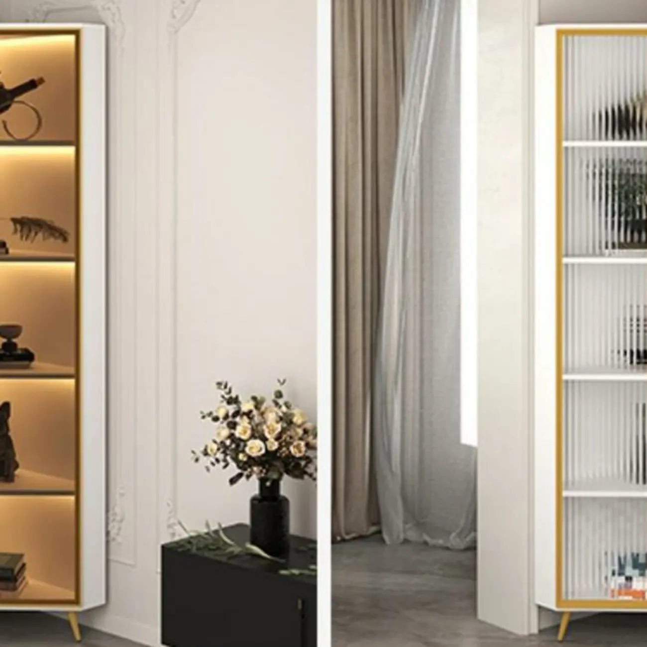Vitrine moderne glamour en bois blanc et or avec verre