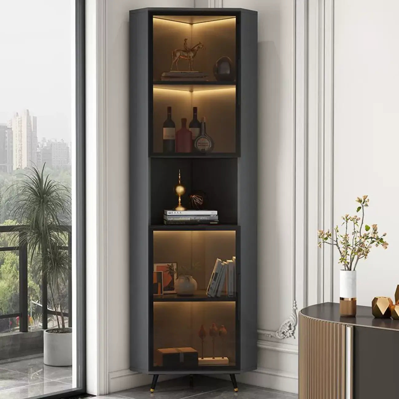 Vitrine moderne glamour en bois blanc et or avec verre