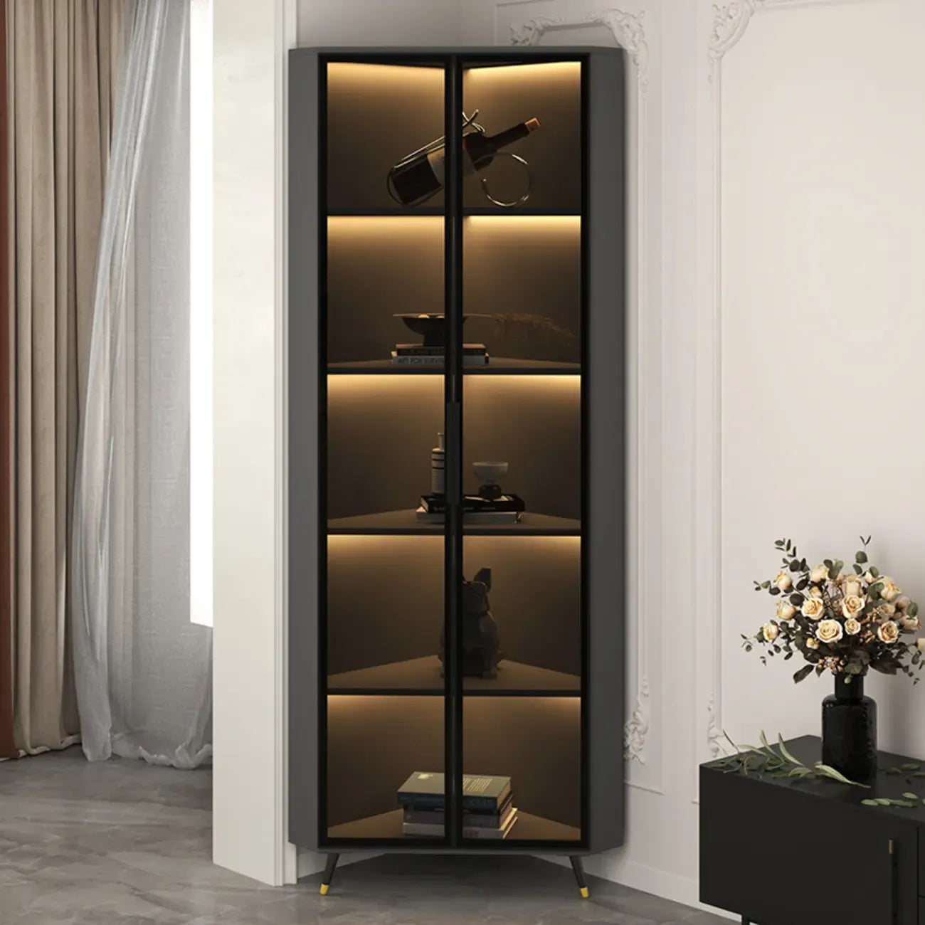 Vitrine moderne glamour en bois blanc et or avec verre