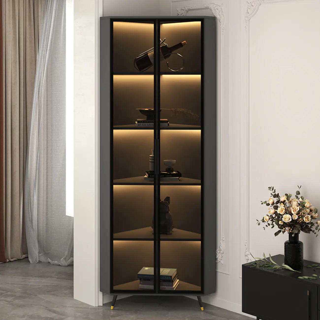 Vitrine moderne glamour en bois blanc et or avec verre