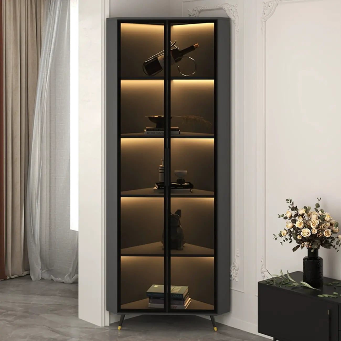 Vitrine moderne glamour en bois blanc et or avec verre