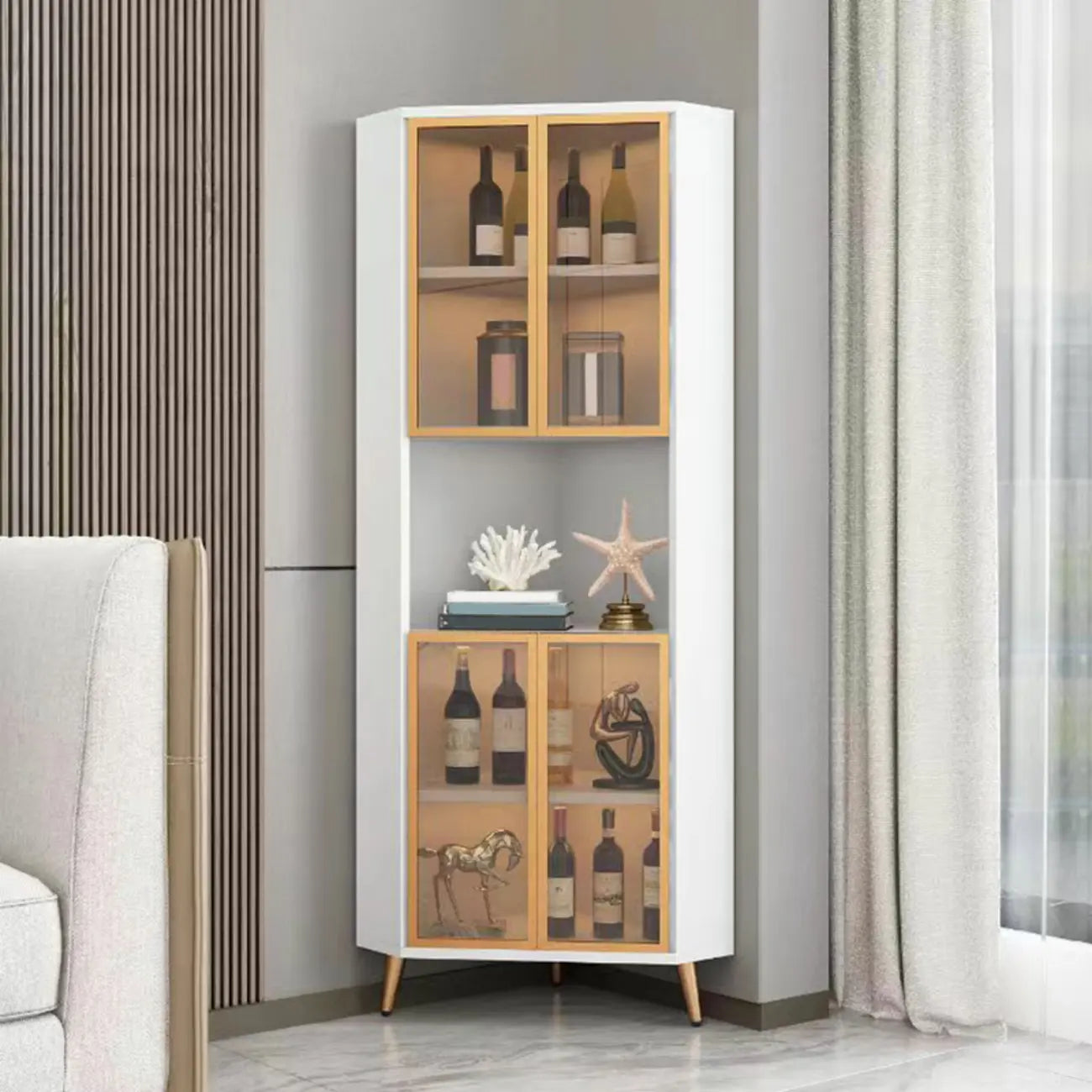Vitrine moderne glamour en bois blanc et or avec verre