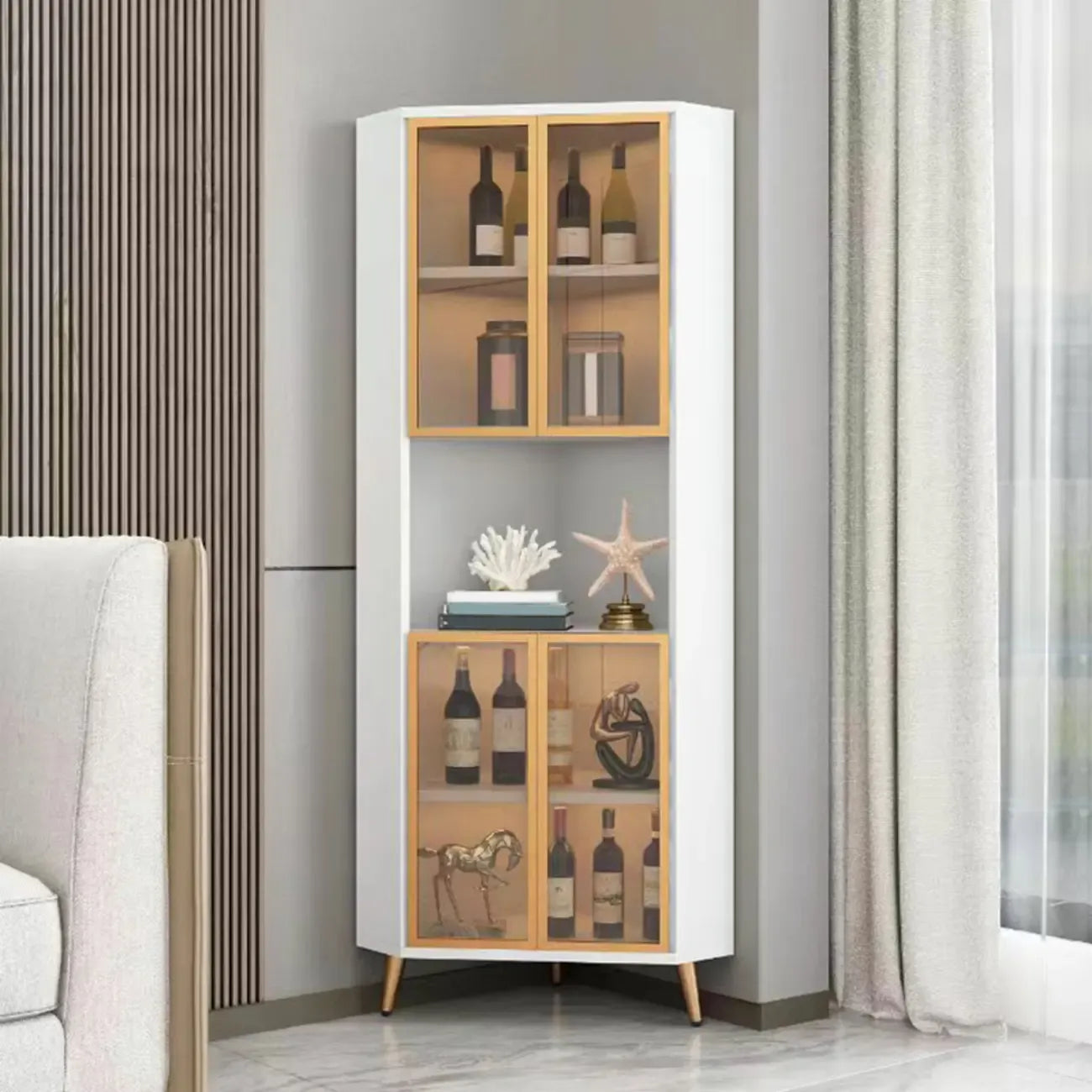 Vitrine moderne glamour en bois blanc et or avec verre