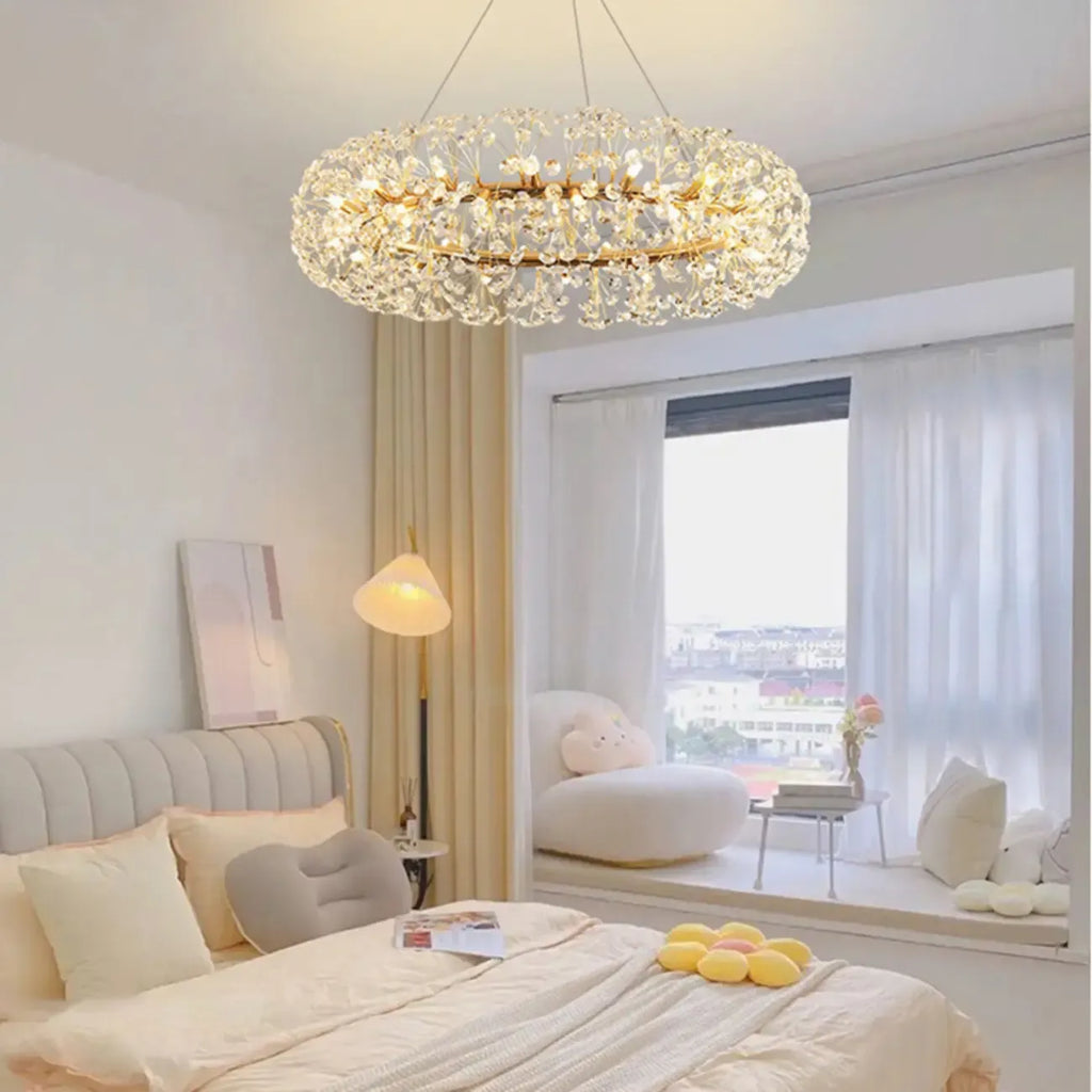 Lampadario regolabile in altezza a globo di cristallo oro a stella