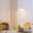 Lampadaire arqué moderne chromé blanc avec abat-jour en forme de fleur