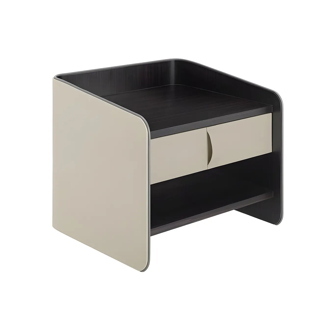 Table de chevet moderne à deux niveaux en bois, cuir et étagères avec tiroirs