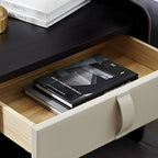 Table de chevet moderne à deux niveaux en bois, cuir et étagères avec tiroirs