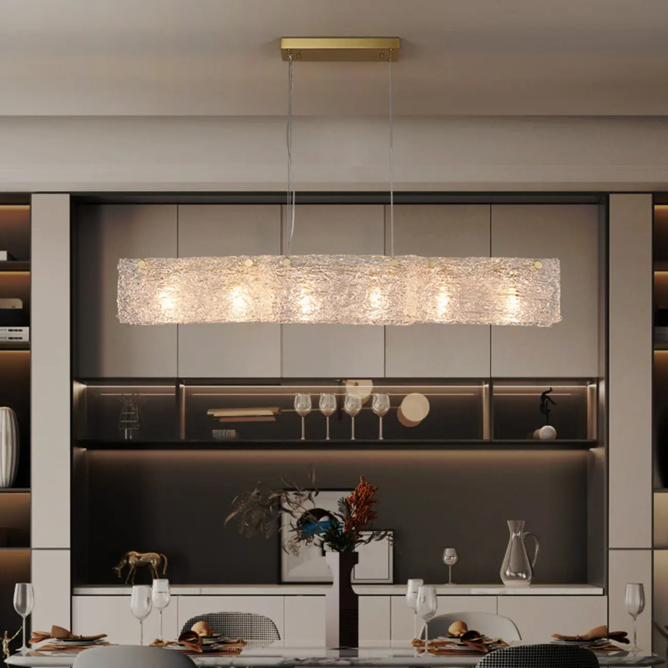 Suspension rectangulaire moderne en verre doré pour îlot de cuisine