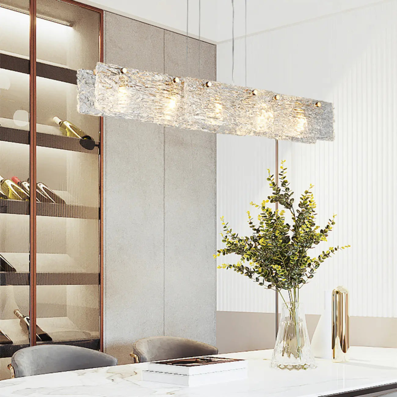 Suspension rectangulaire moderne en verre doré pour îlot de cuisine