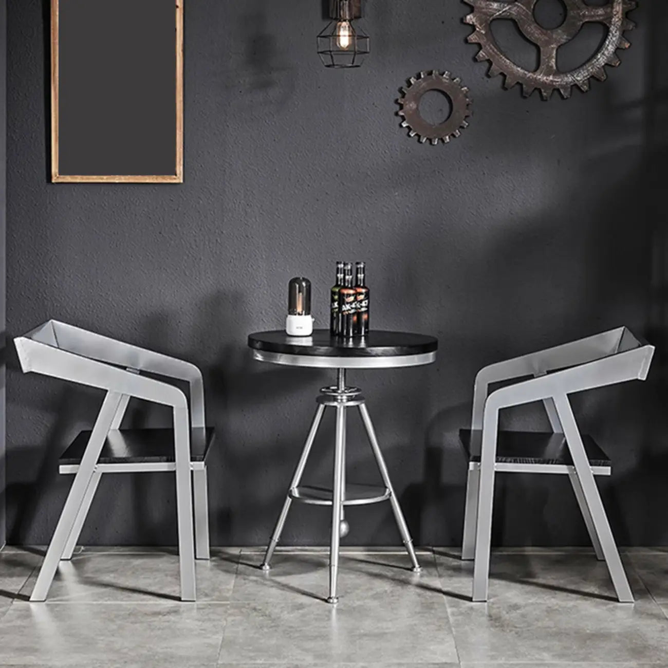 Table de bar ronde en bois noir industriel à hauteur réglable
