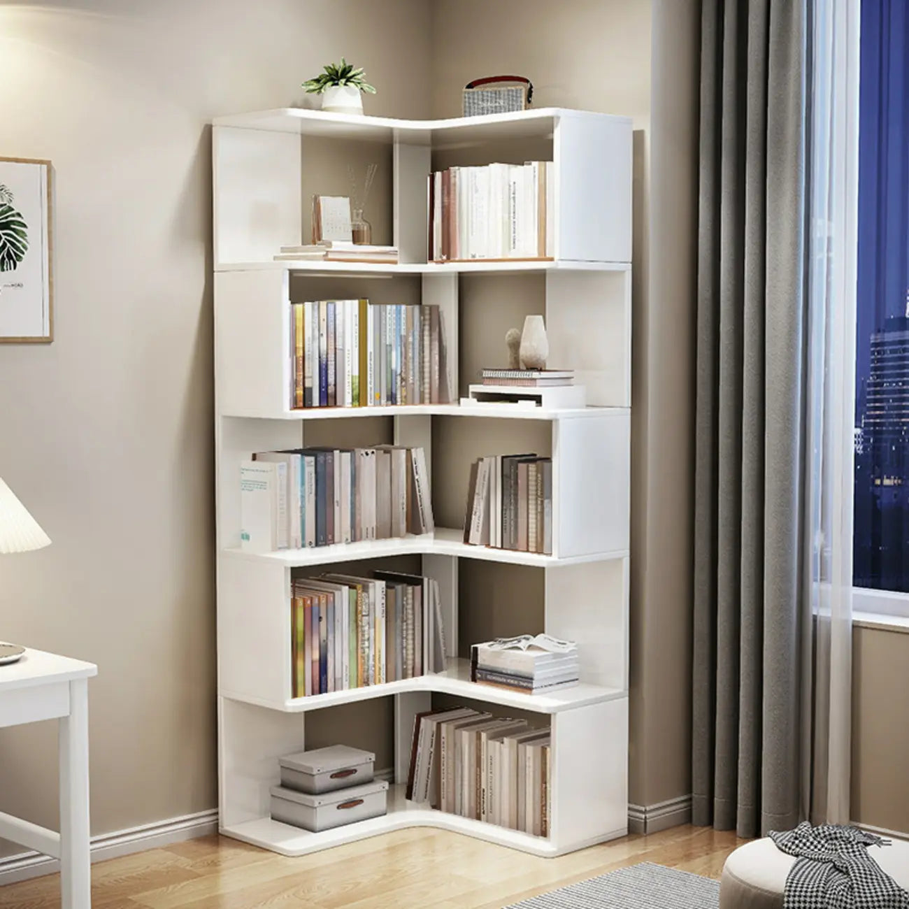 Bibliothèque d'angle ouverte à 5 niveaux en bois gris