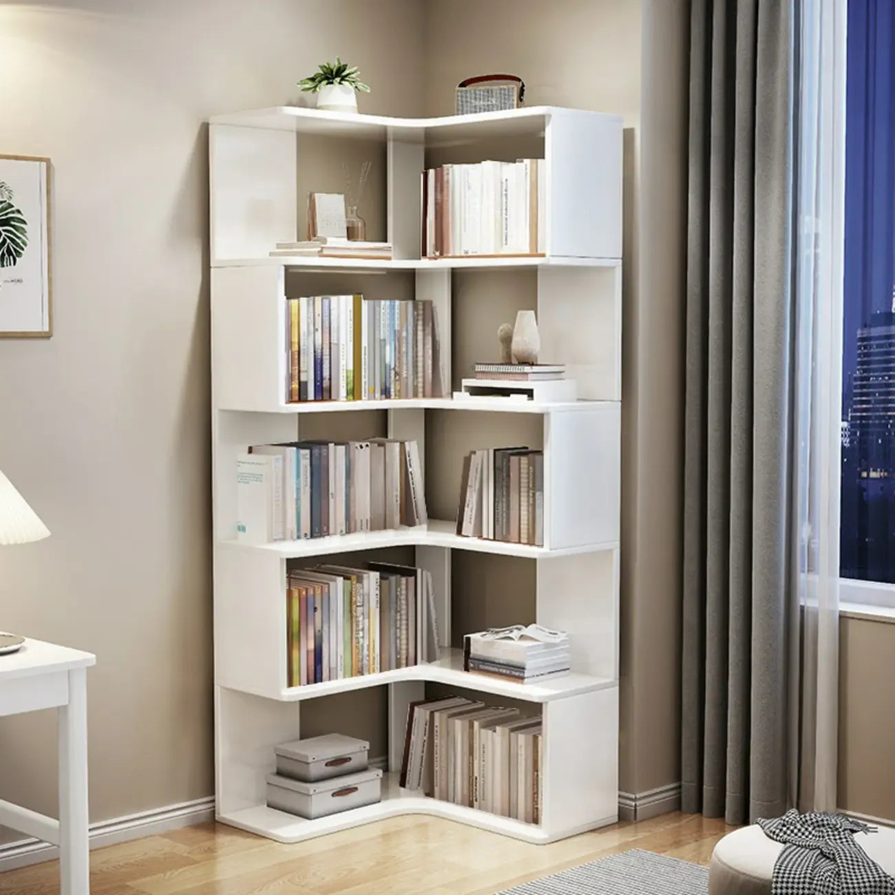 Bibliothèque d'angle ouverte à 5 niveaux en bois gris