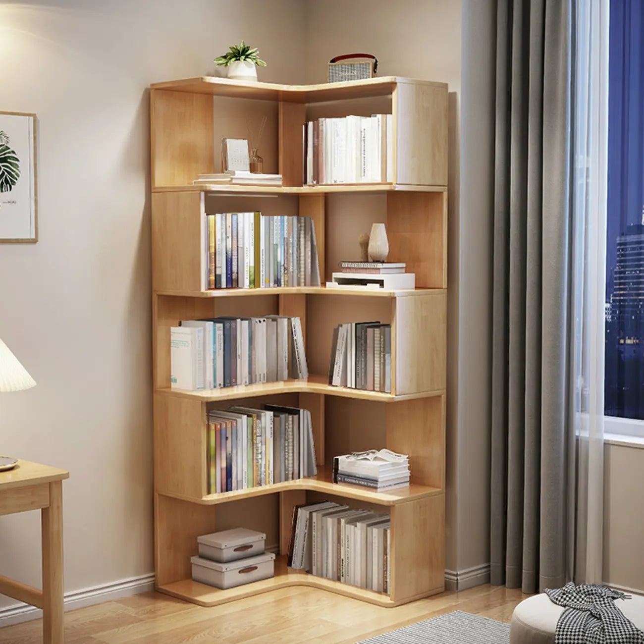 Bibliothèque d'angle ouverte à 5 niveaux en bois gris