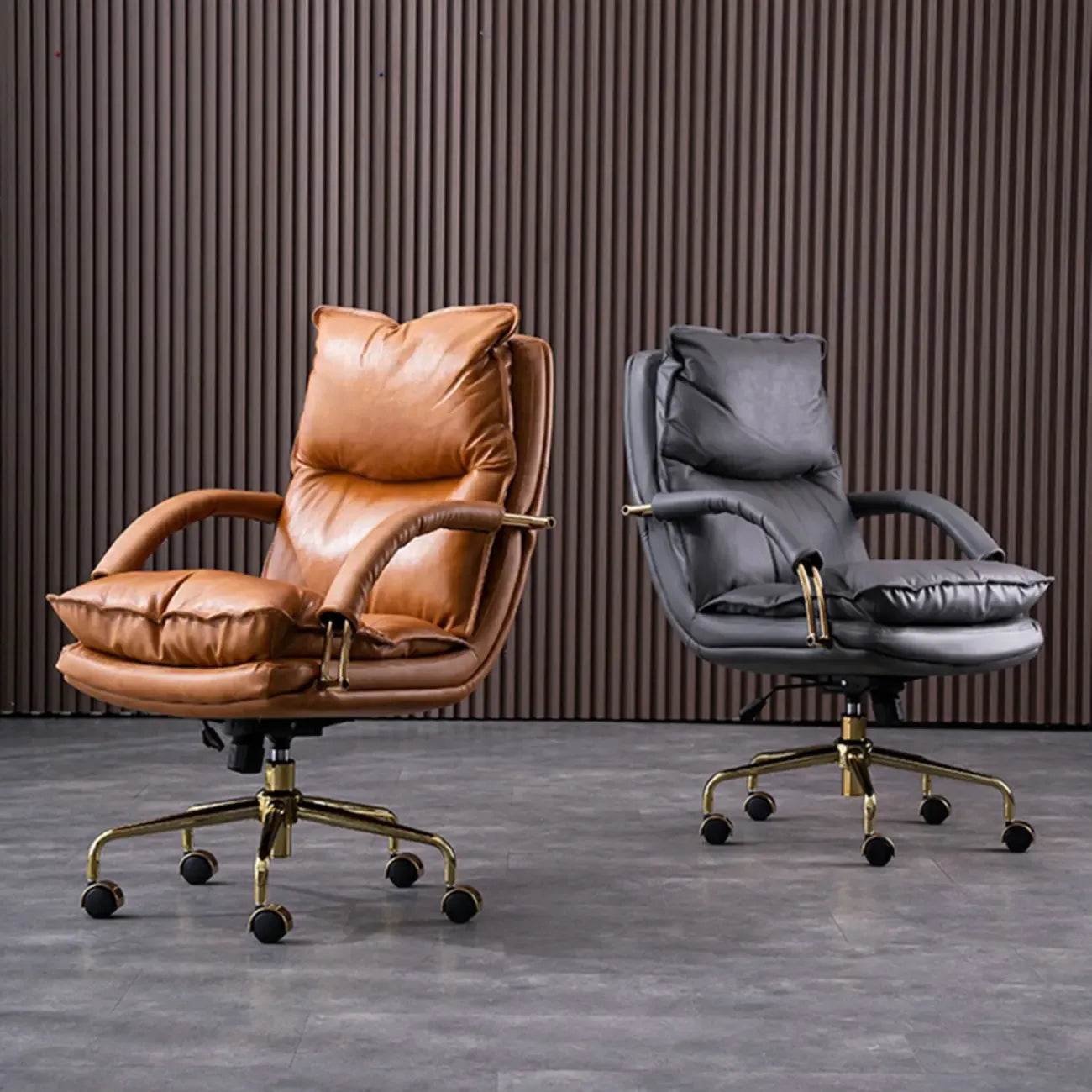 Chaise de bureau ergonomique à roulettes en cuir véritable marron