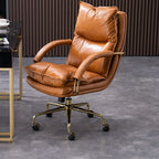 Chaise de bureau ergonomique à roulettes en cuir véritable marron