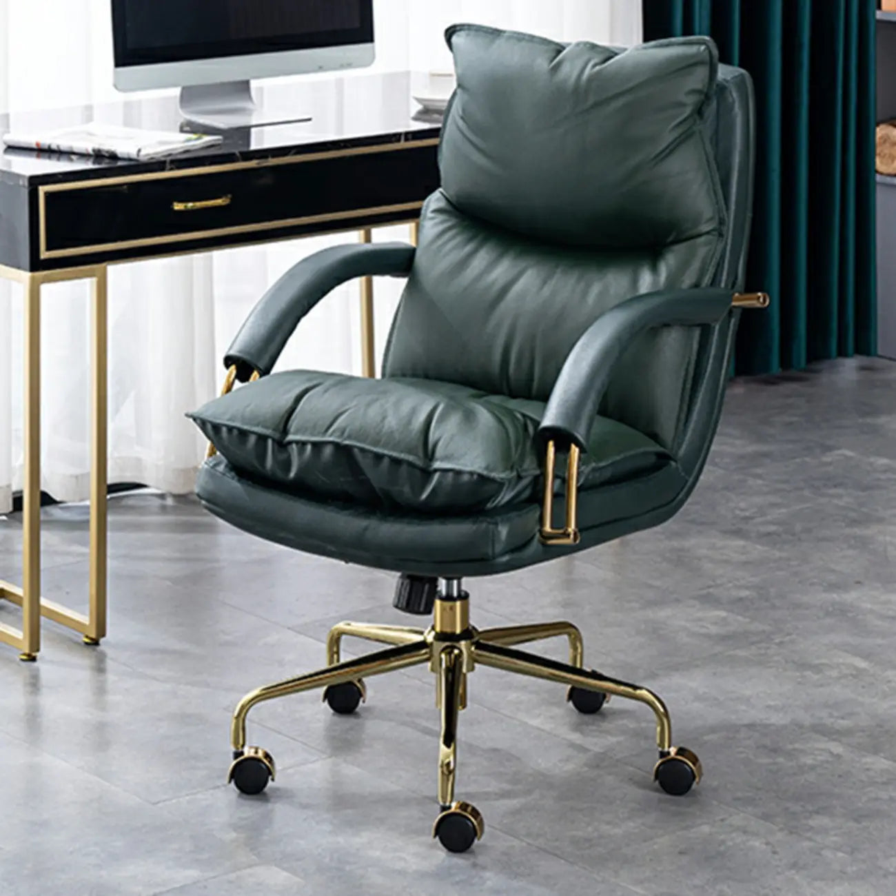 Chaise de bureau ergonomique à roulettes en cuir véritable marron