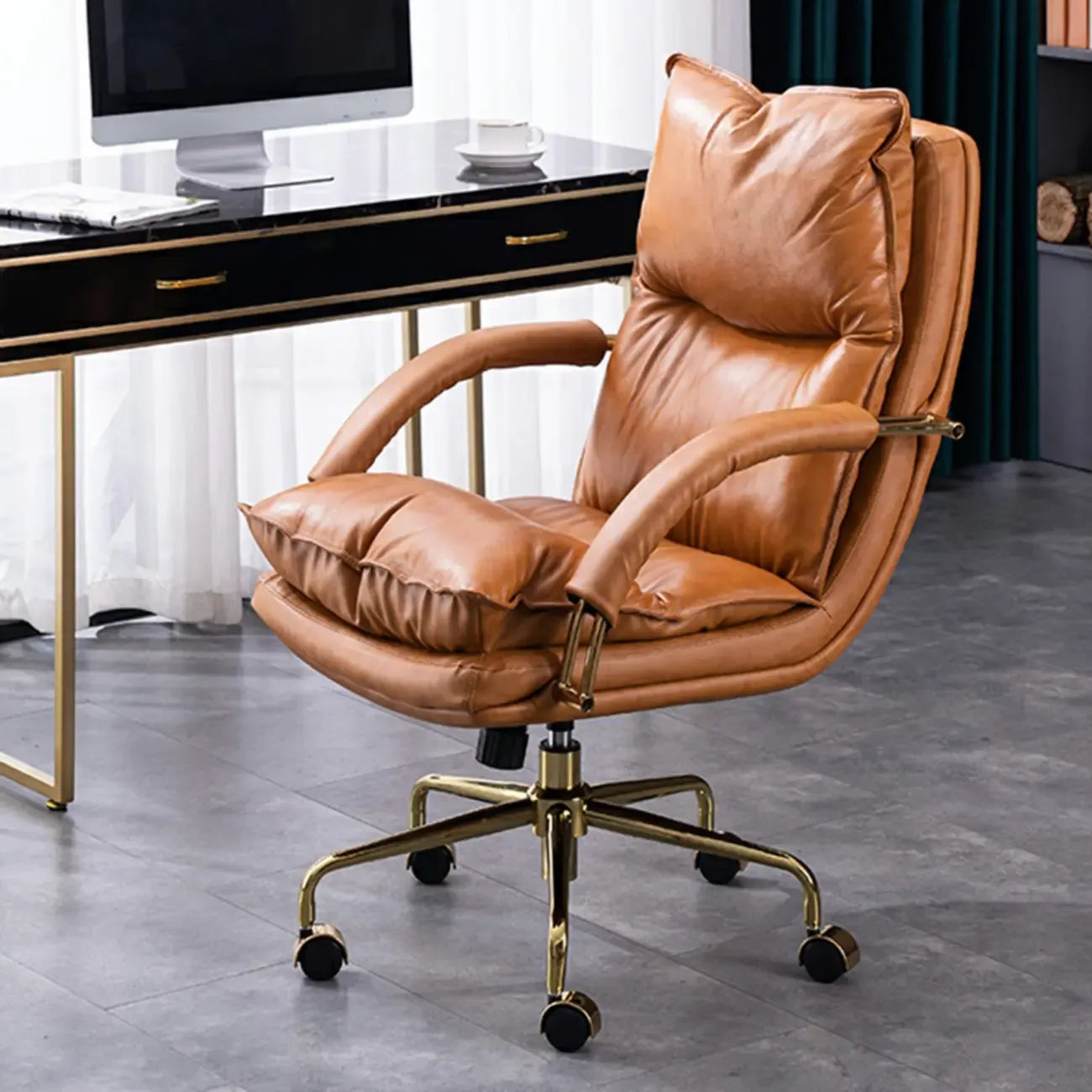 Chaise de bureau ergonomique à roulettes en cuir véritable marron