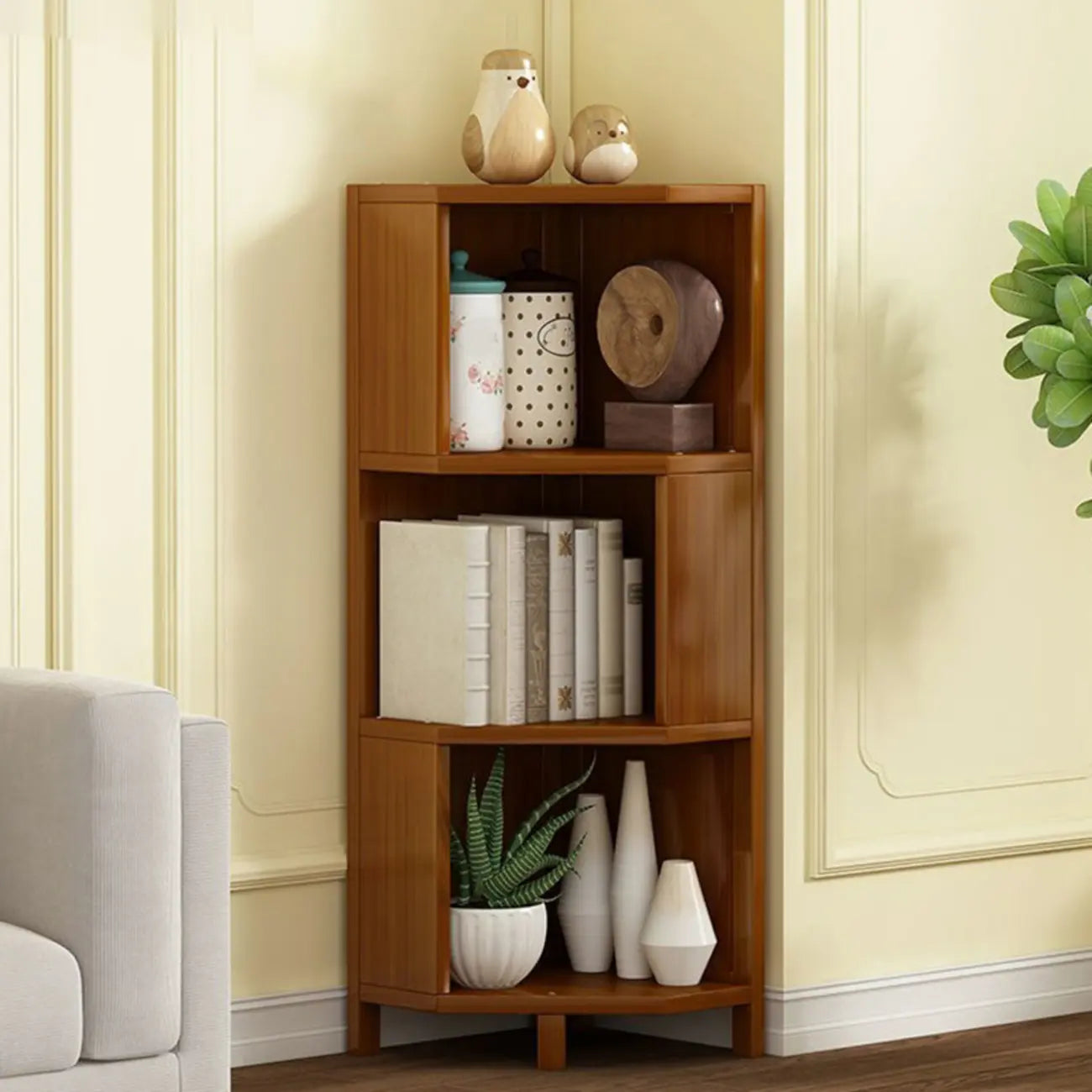 Armoire de rangement d'angle géométrique à plusieurs niveaux en bois brun