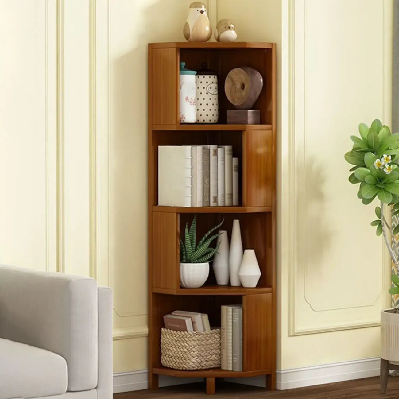 Armoire de rangement d'angle géométrique à plusieurs niveaux en bois brun