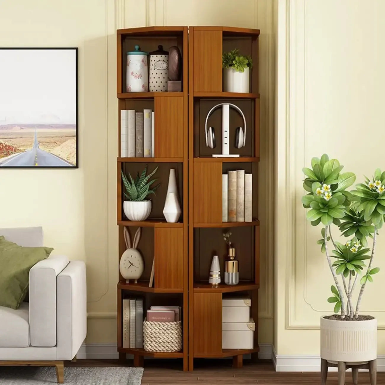 Armoire de rangement d'angle géométrique à plusieurs niveaux en bois brun