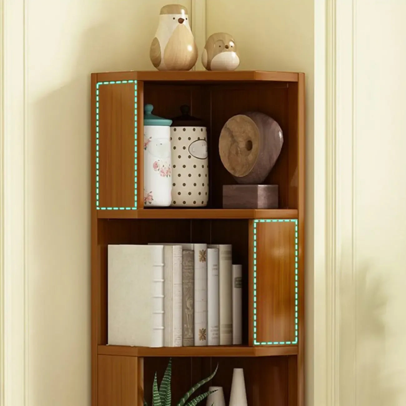 Armoire de rangement d'angle géométrique à plusieurs niveaux en bois brun