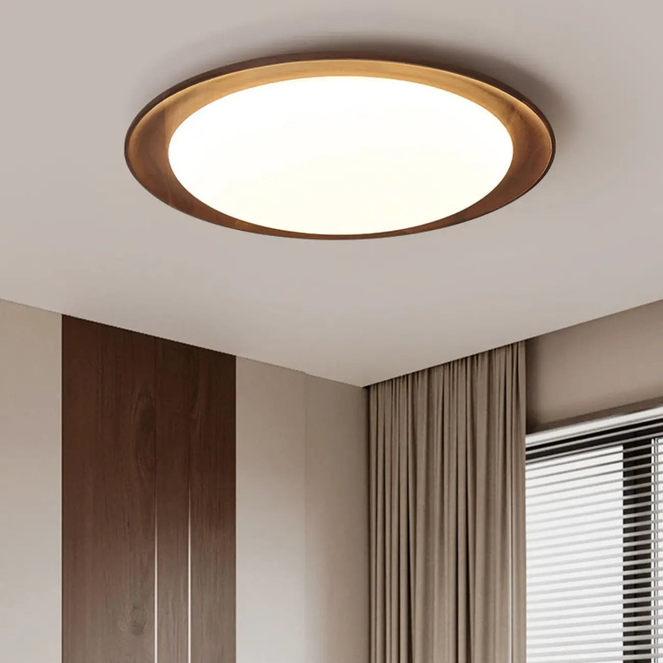 Plafonnier LED minimaliste en bois de noyer, à intensité variable, encastré.