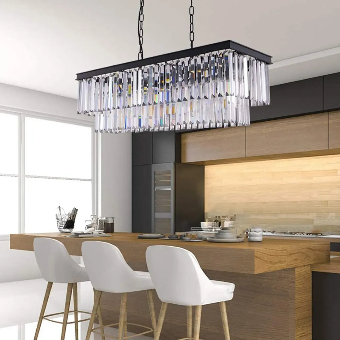 Suspension moderne à deux niveaux en cristal pour îlot de cuisine