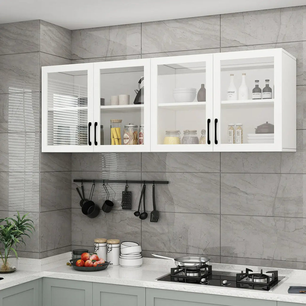 Vitrine suspendue de cuisine en bois blanc et verre