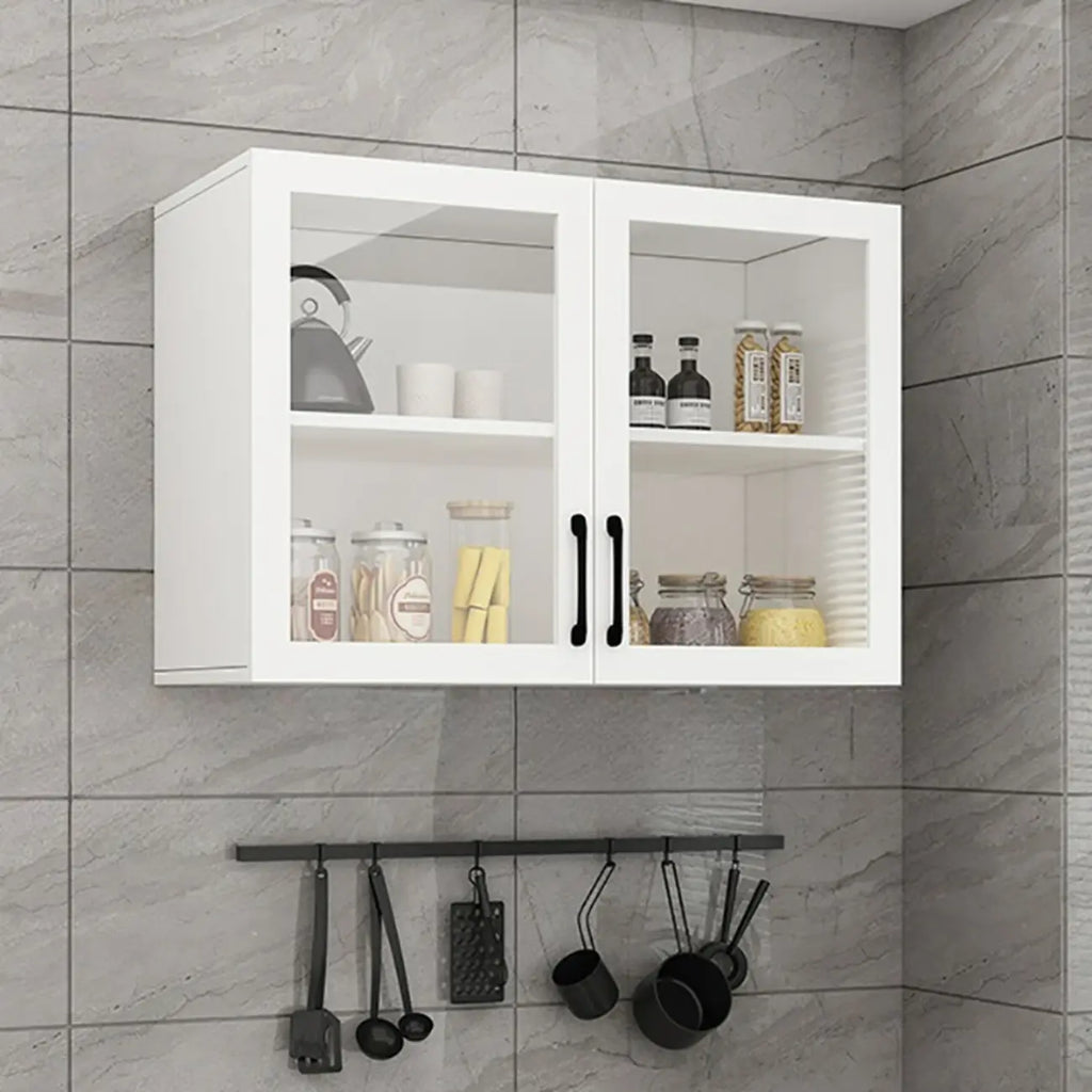 Vitrine suspendue de cuisine en bois blanc et verre