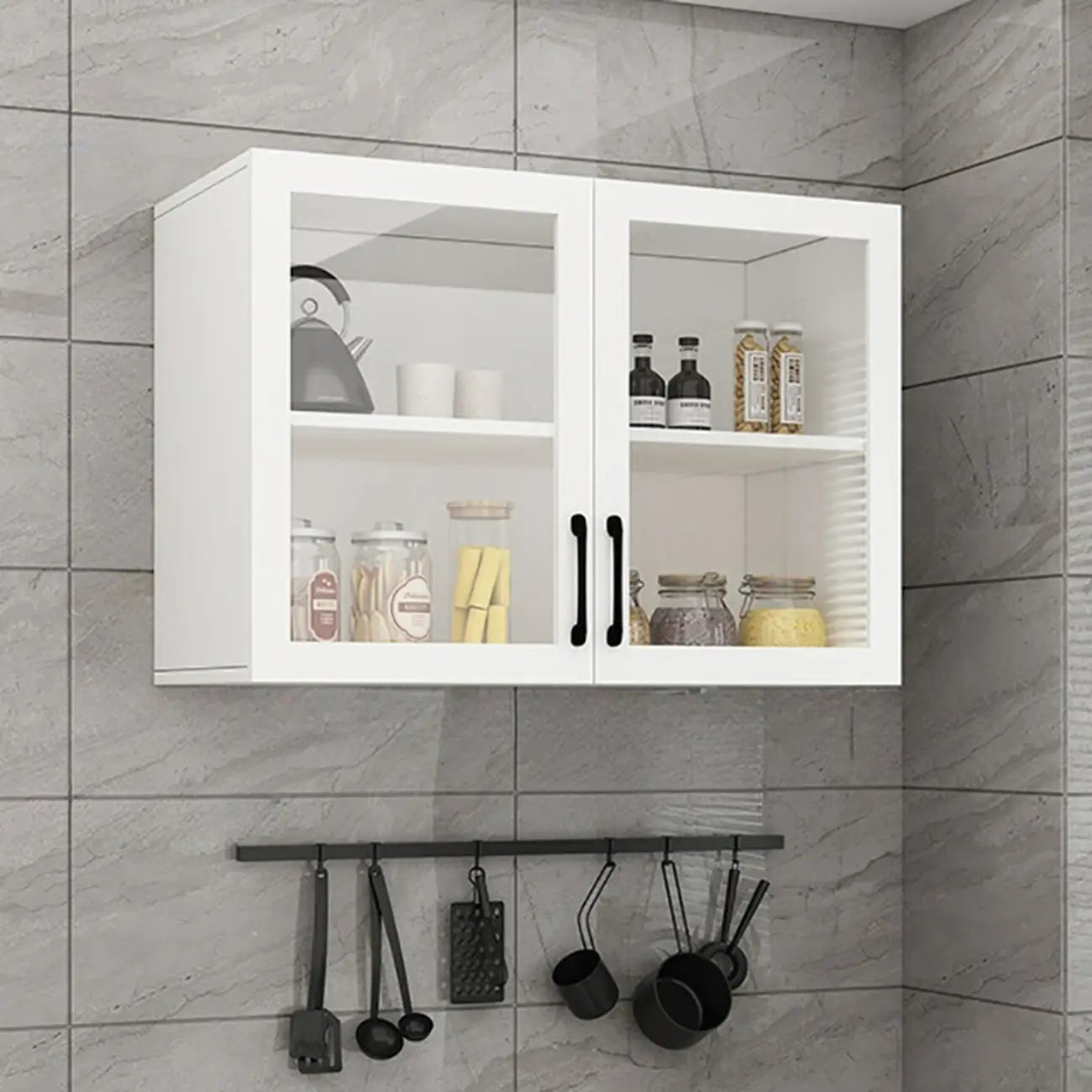 Vitrine suspendue de cuisine en bois blanc et verre