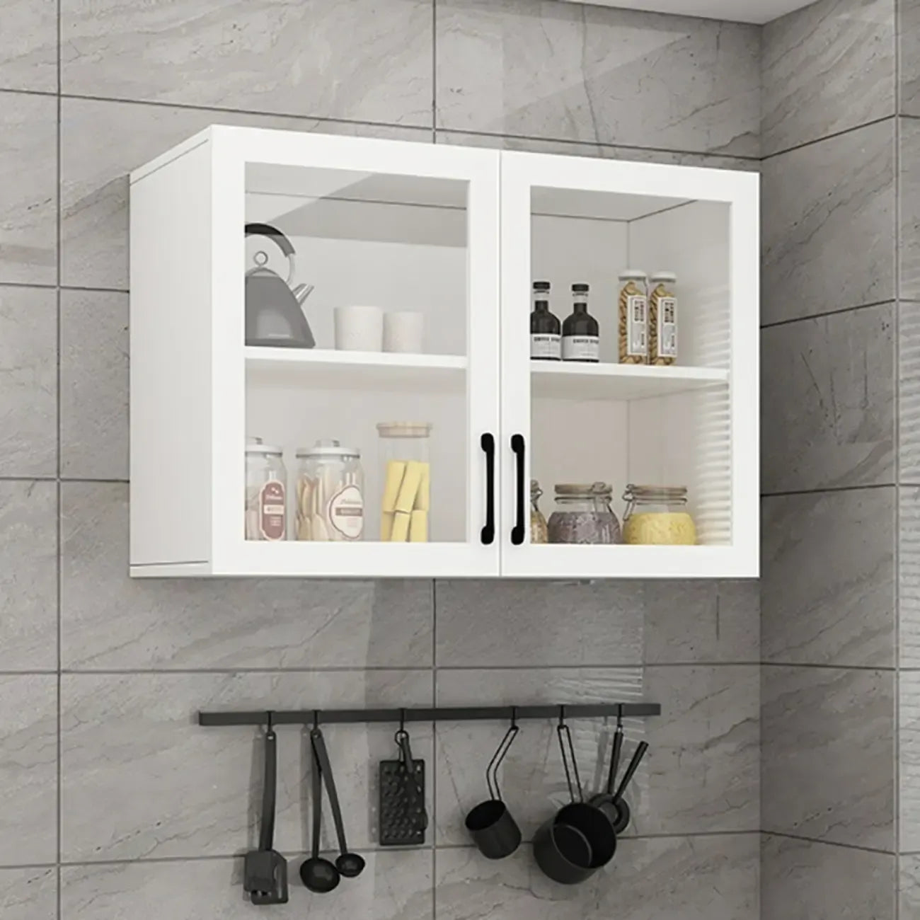 Vitrine suspendue de cuisine en bois blanc et verre