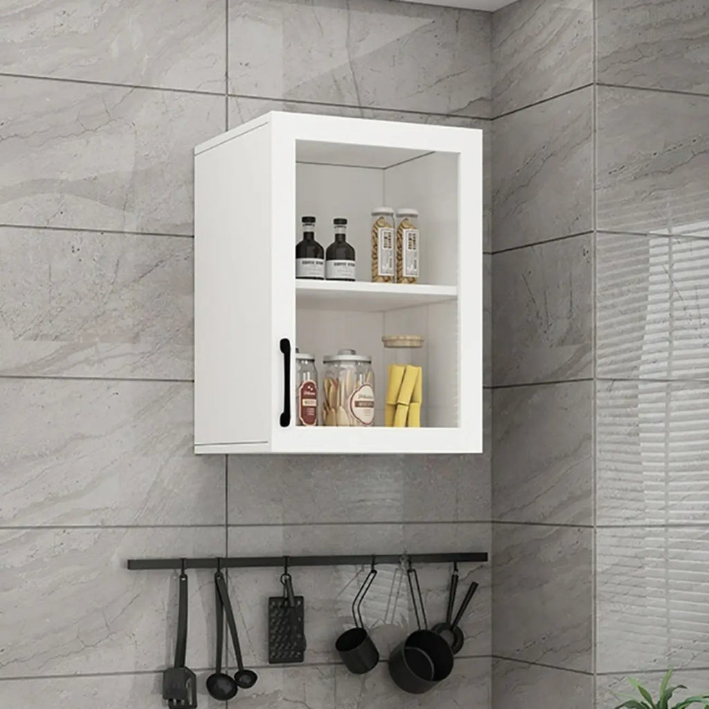 Vitrine suspendue de cuisine en bois blanc et verre