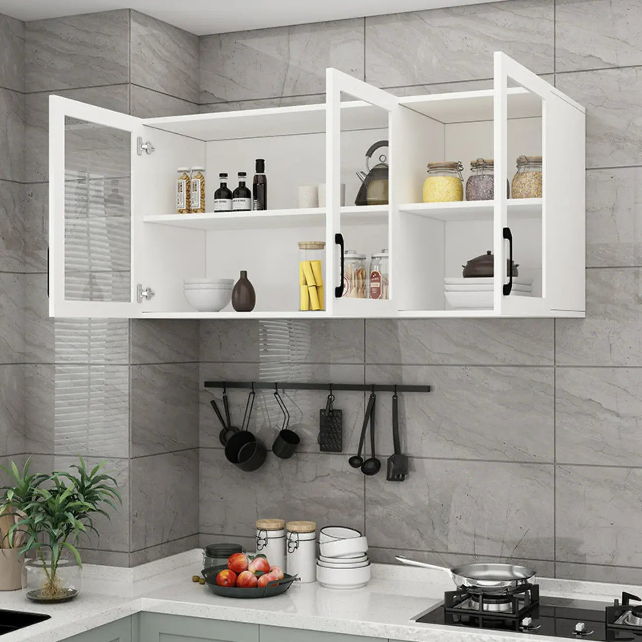 Vitrine suspendue de cuisine en bois blanc et verre