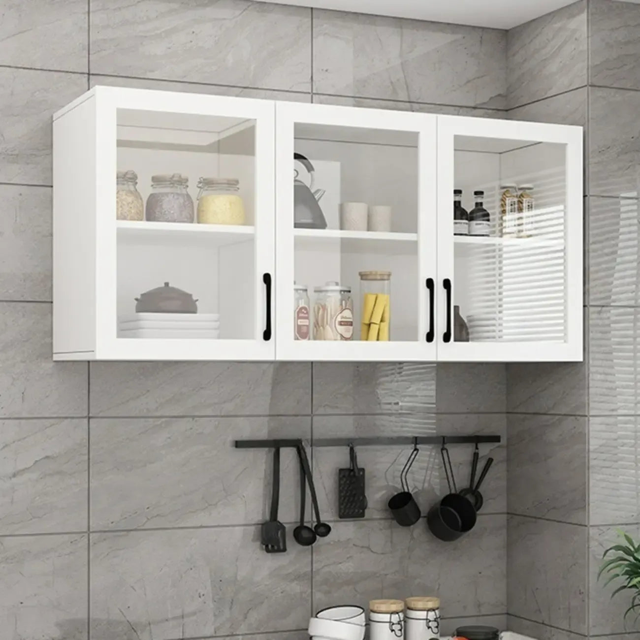 Vitrine suspendue de cuisine en bois blanc et verre