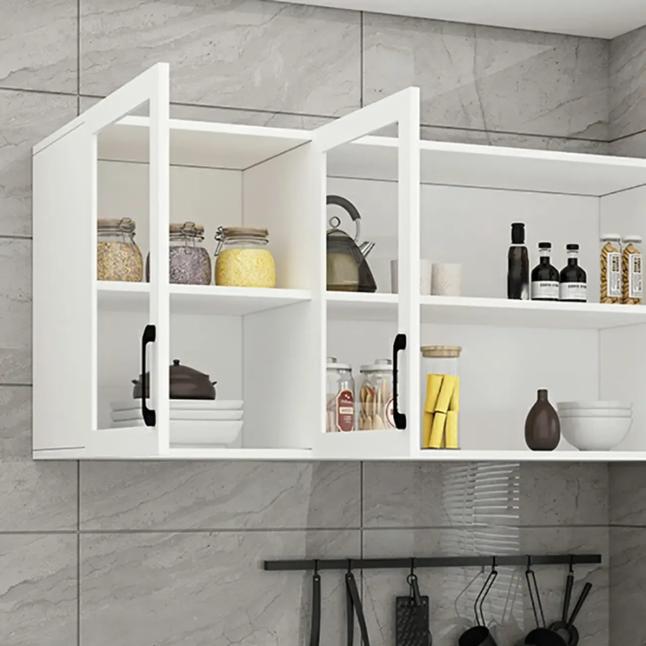 Vitrine suspendue de cuisine en bois blanc et verre