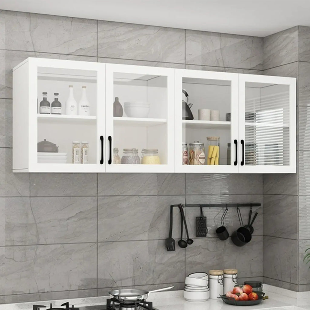 Vitrine suspendue de cuisine en bois blanc et verre