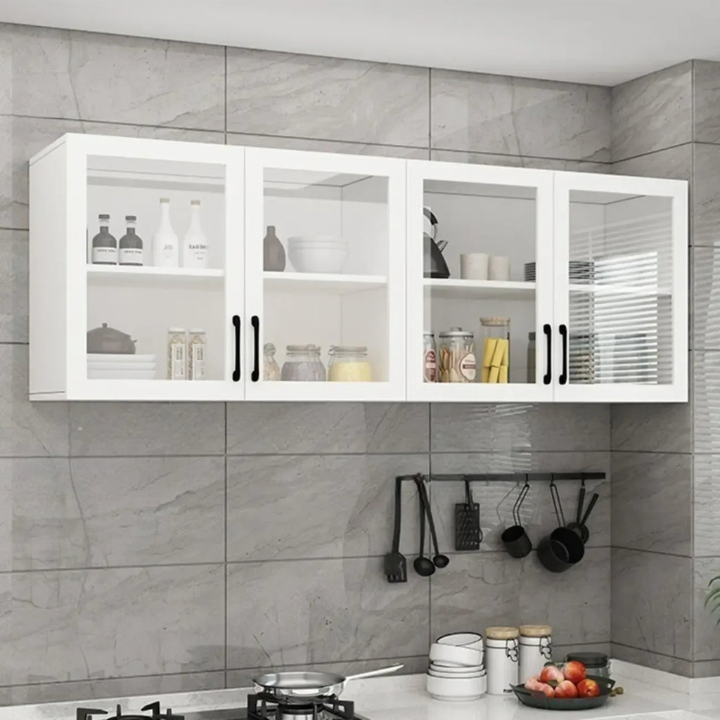 Vitrine suspendue de cuisine en bois blanc et verre