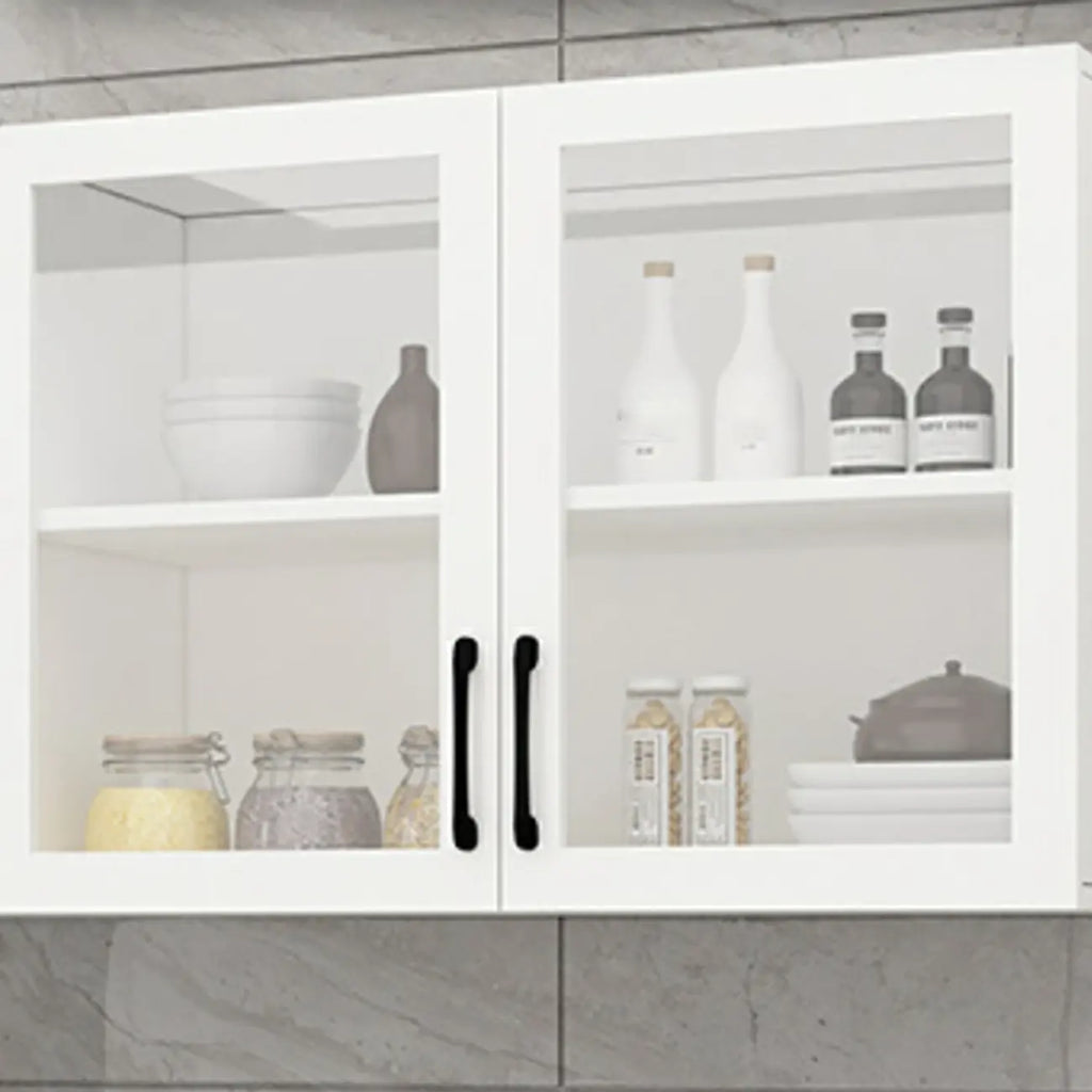 Vitrine suspendue de cuisine en bois blanc et verre