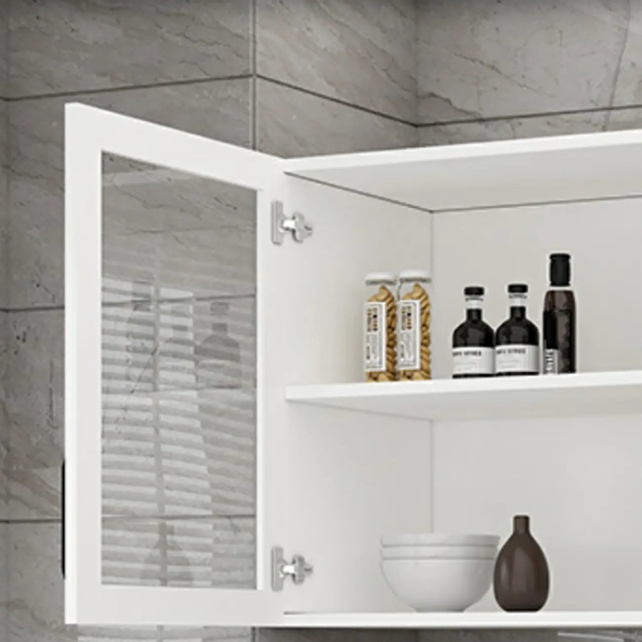 Vitrine suspendue de cuisine en bois blanc et verre