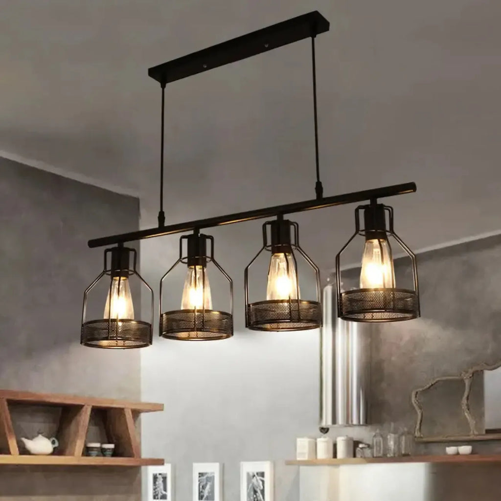 Suspension industrielle à 4 lumières en métal noir en forme de bouteille