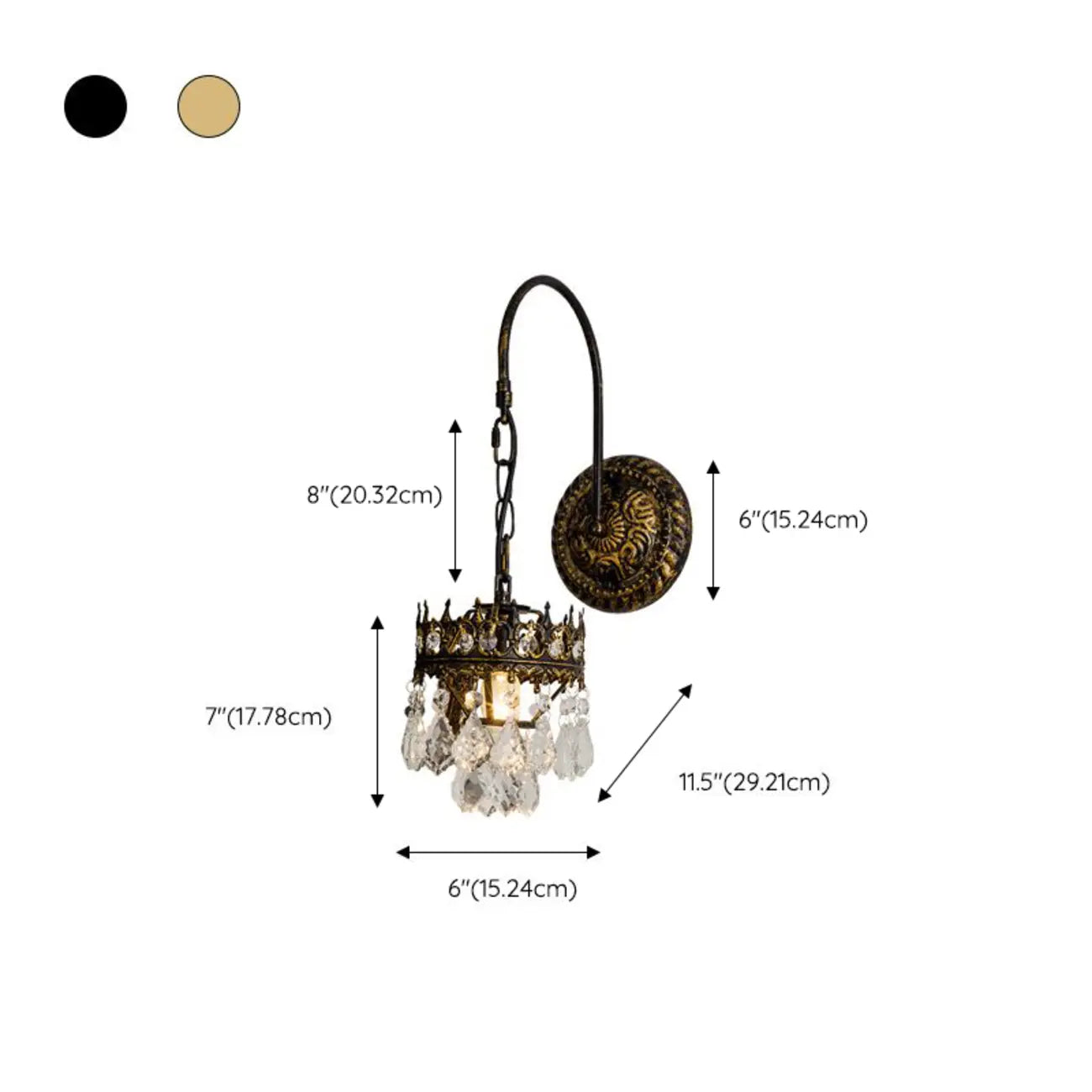 Luxueuse applique murale suspendue vintage en laiton antique avec cristal
