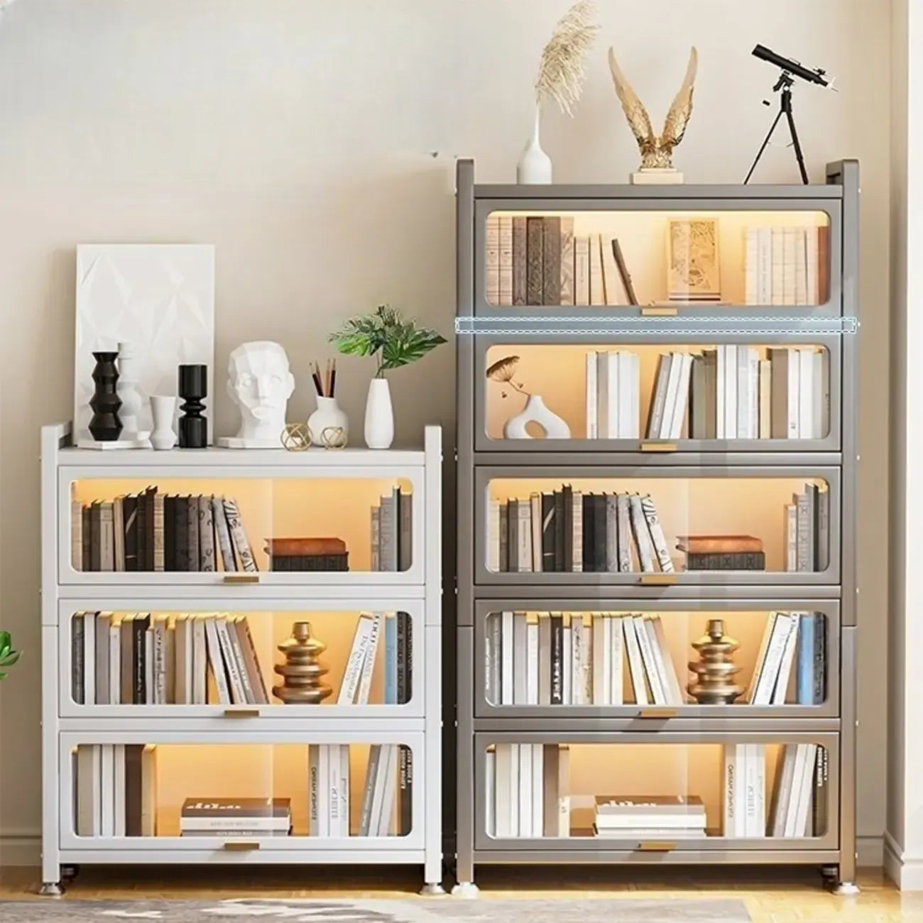 Bibliothèque verticale en métal gris/blanc à dos fermé et portes